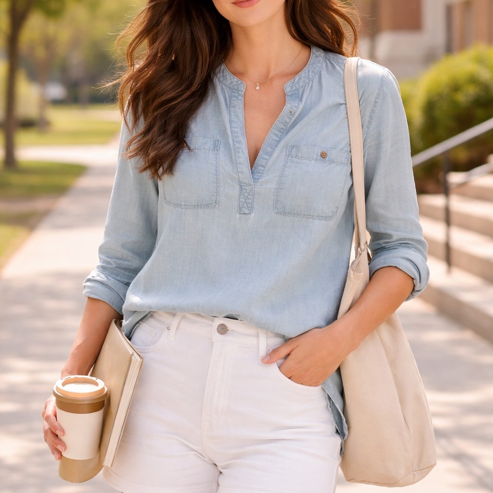 cloth & stone Bess Henley Chambray Popover Collarless Blouse Minimalist Clean XS